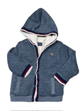 Mayoral Blue Herringbone Knit Hooded Sherpa Lined Cardigan 24 months